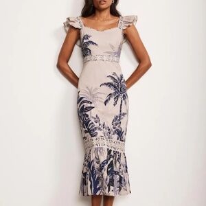 New Mint Velvet Palm Print Linen Midi Dress